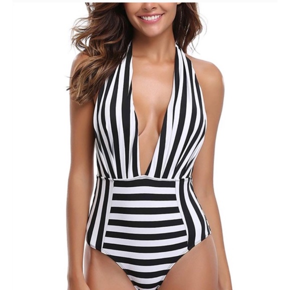 COCOSHIP Other - Retro Style Stripe One Piece Halter Swimsuit